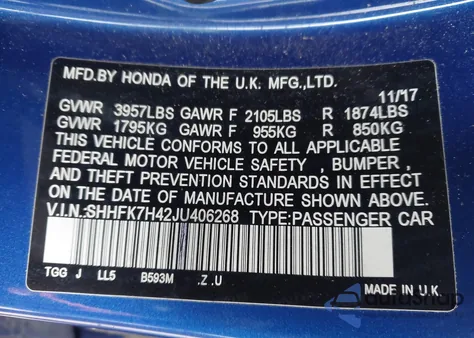 2018 Honda Civic Sport from USA, damaged, VIN SHHFK7H42JU406268